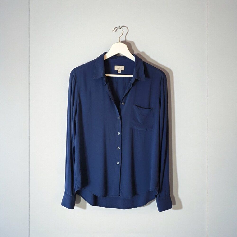 Hollister Women's Small Navy Blue Button Front Blouse Long Sleeve Collared Shirt